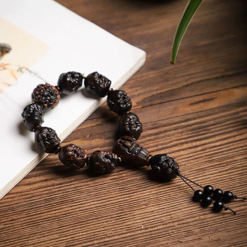 Natural Agarwood Prayer Beads Eighteen Arhats Carving Men Woman Buddha Bracelet 07FC0E-D4 - KOEEK