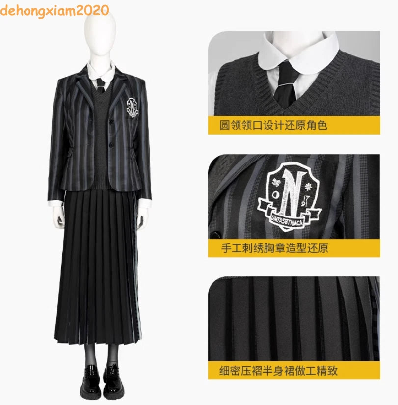 Tv Wednesday Addams Wednesday Cosplay School Uniform Suit Costumes Pleated Skirt 07FC0E-D4 - KOEEK