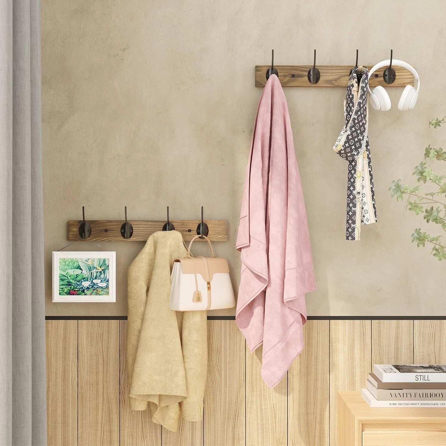 Coat Hooks Wall Mounted, Wooden Hat Rack with 4 Hooks for Entryway, Bathroom 07FC0E-D4 - KOEEK