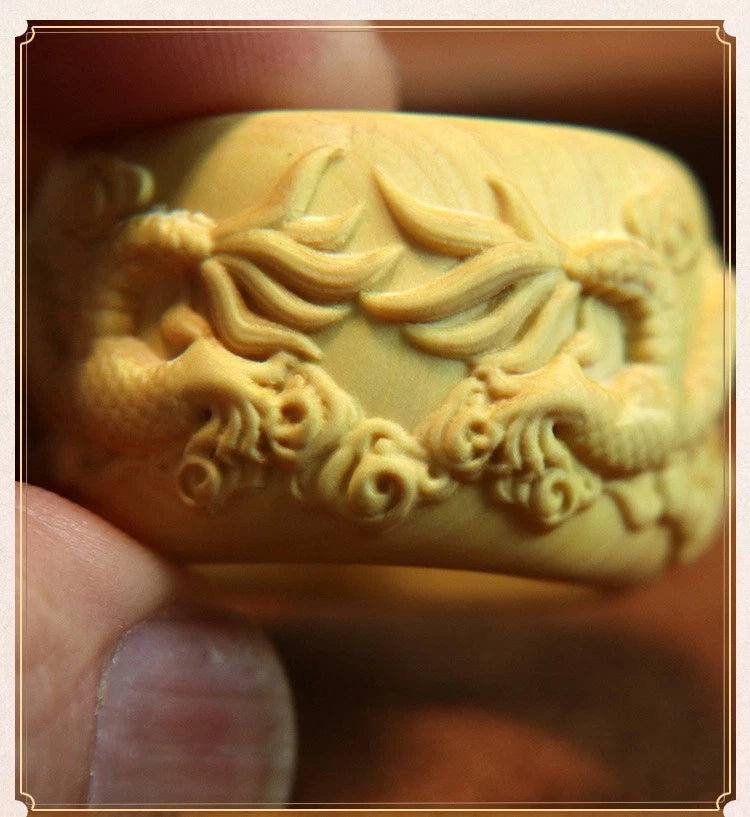 22MM Boxwood Dragon Ring Chinese Style Zodiac Wooden Finger Ring 07FC0E-D4 - KOEEK