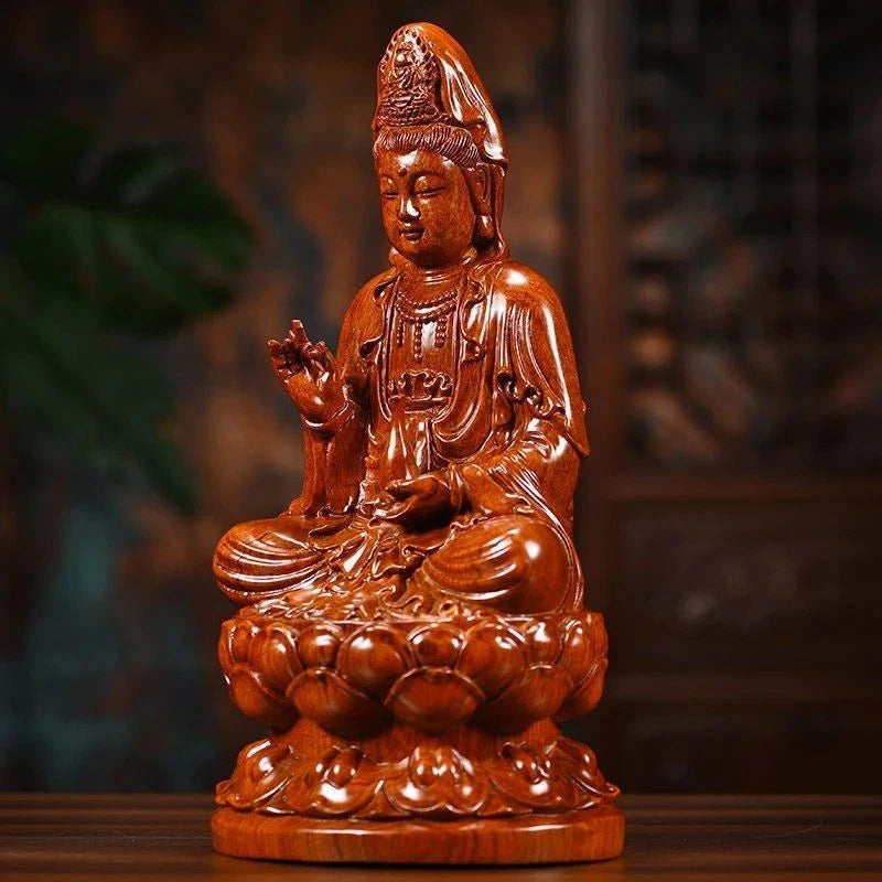 14cm Rosewood Carved Guanyin Buddha Statue Lotus Seat Home Decor Craft 07FC0E-D4 - KOEEK