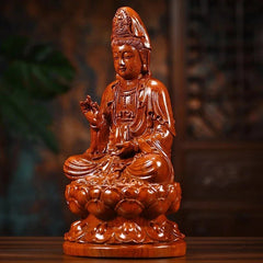 14cm Rosewood Carved Guanyin Buddha Statue Lotus Seat Home Decor Craft 07FC0E-D4 - KOEEK