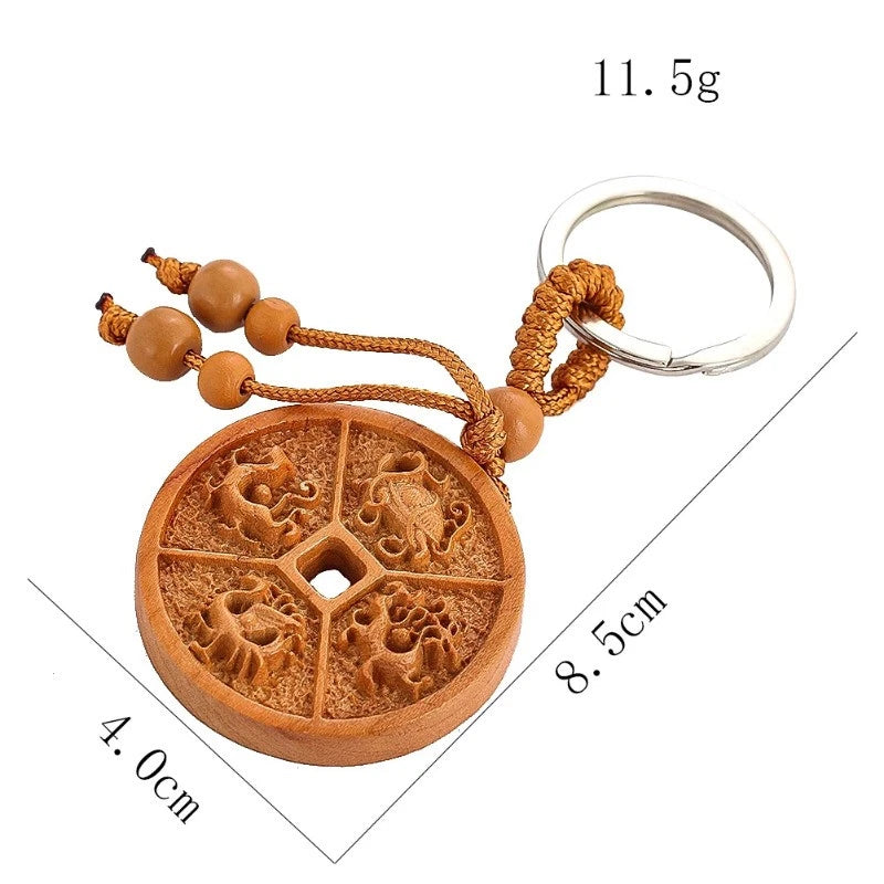 Retro Peach Wood Handcarved Feng Shui Four Divine Beasts Keychain Amulet Pendant 07FC0E-D4 - KOEEK