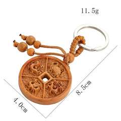 Retro Peach Wood Handcarved Feng Shui Four Divine Beasts Keychain Amulet Pendant 07FC0E-D4 - KOEEK