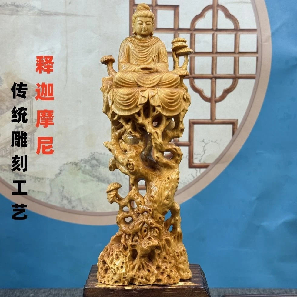 Cai Bai Wood Carved Sitting Buddha Figurine Home Décor Handicraft Wooden Statue 07FC0E-D4 - KOEEK