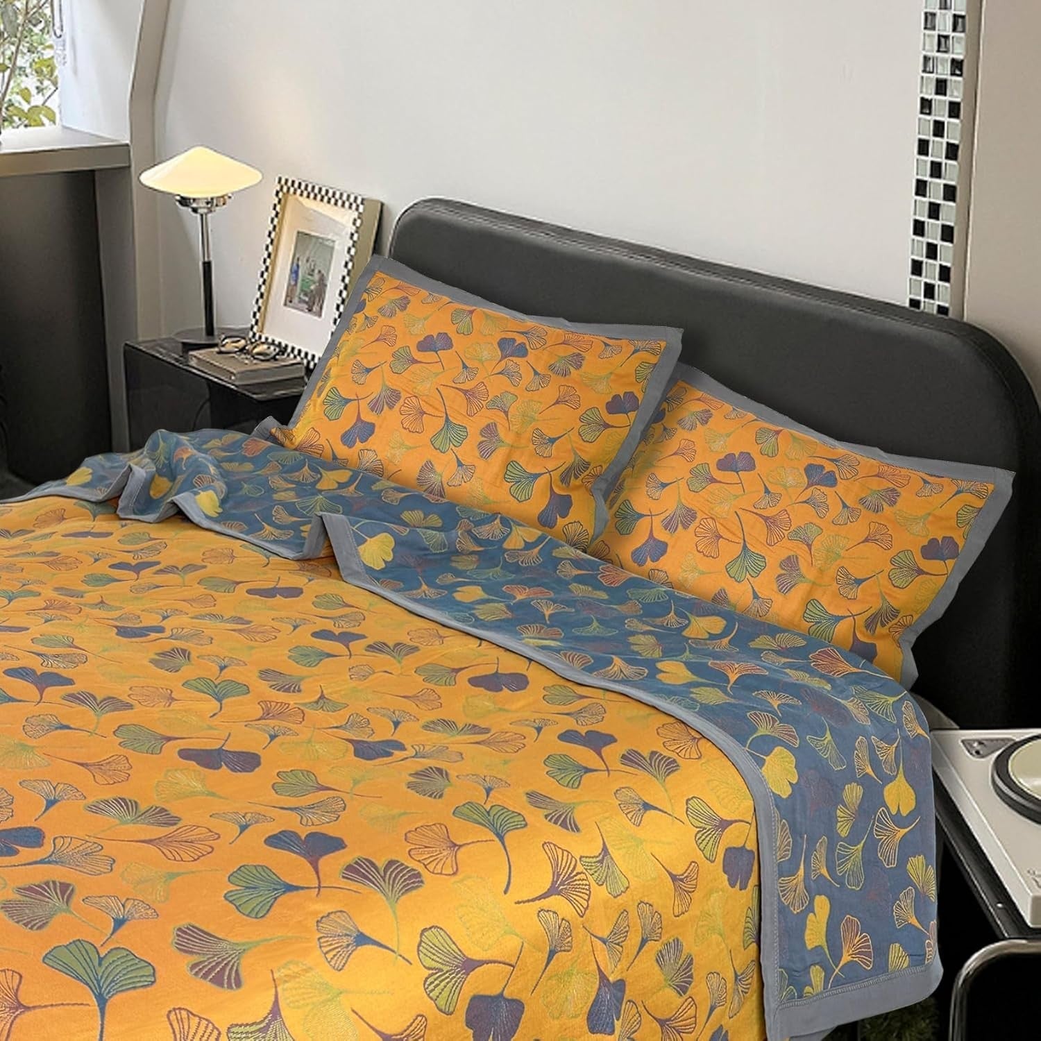 new 3 Piece Ginkgo Quilt Set with 2 Pillow Shams Queen Quilt, Orange 07FC0E-D4 - KOEEK