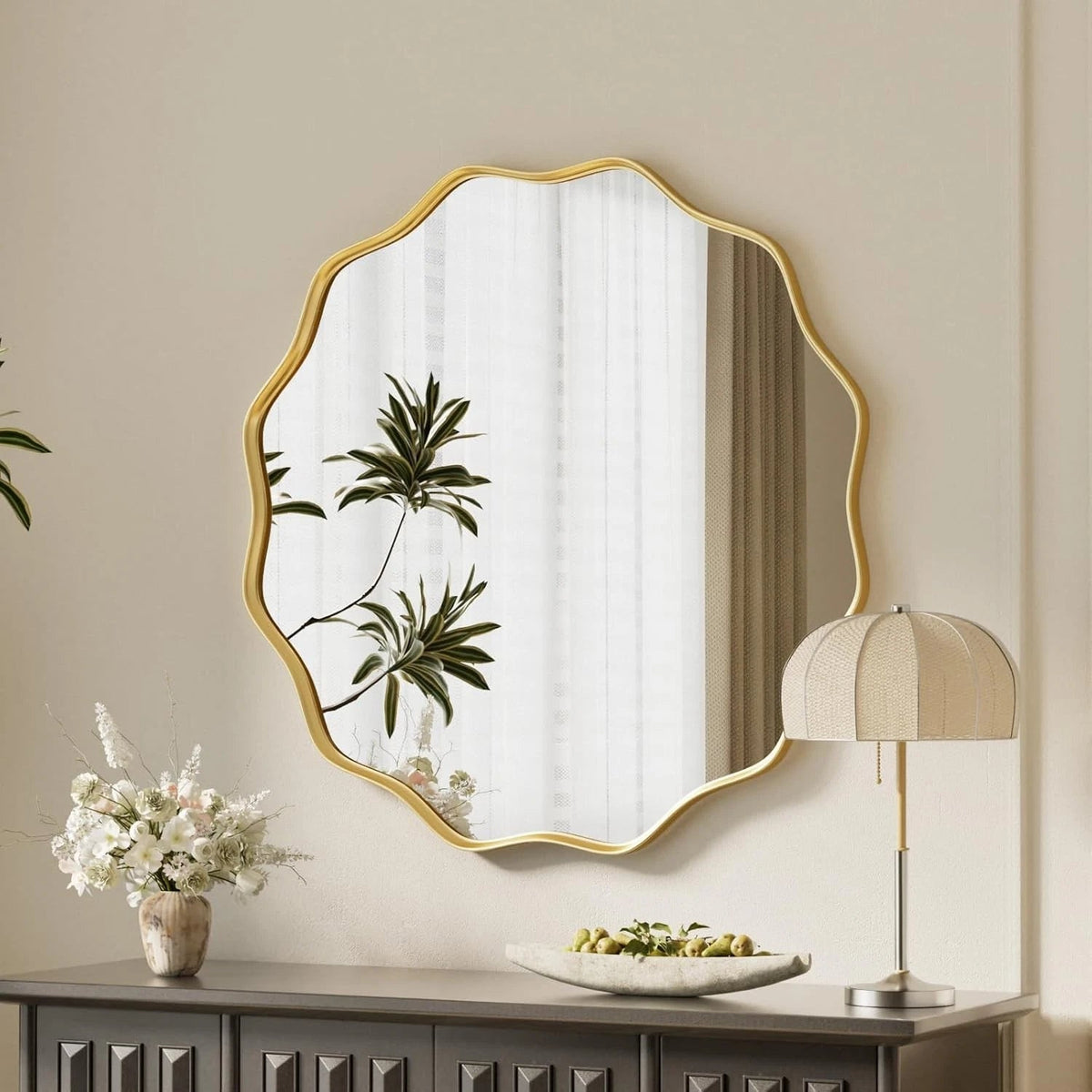 Gold Scalloped Circle Mirror,20" Wavy Edge Round Wall Mirror with Tempered Glass 07FC0E-D4 - KOEEK