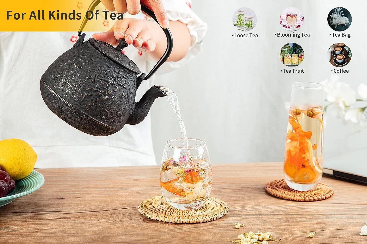 Teapot, cast iron teapot with infuser, enameled interior, holds 40 ounces of tea 07FC0E-D4 - KOEEK