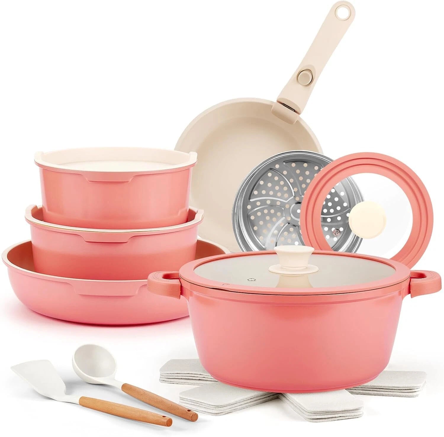 Ceramic Cookware Set, 8-Piece Detachable Handle Nonstick Cookware Set，Pink 07FC0E-D4 - KOEEK