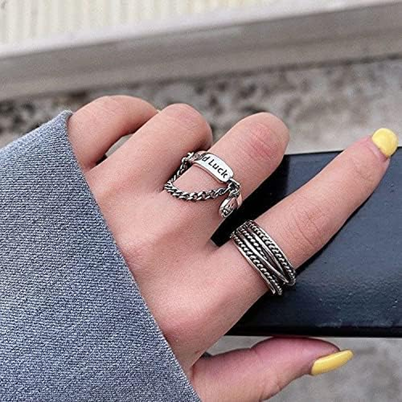 ny Gothic Punk Chain Finger Ringe Sæt, 17 STK Justerbar Stabelbar Vintage Sølv Ri