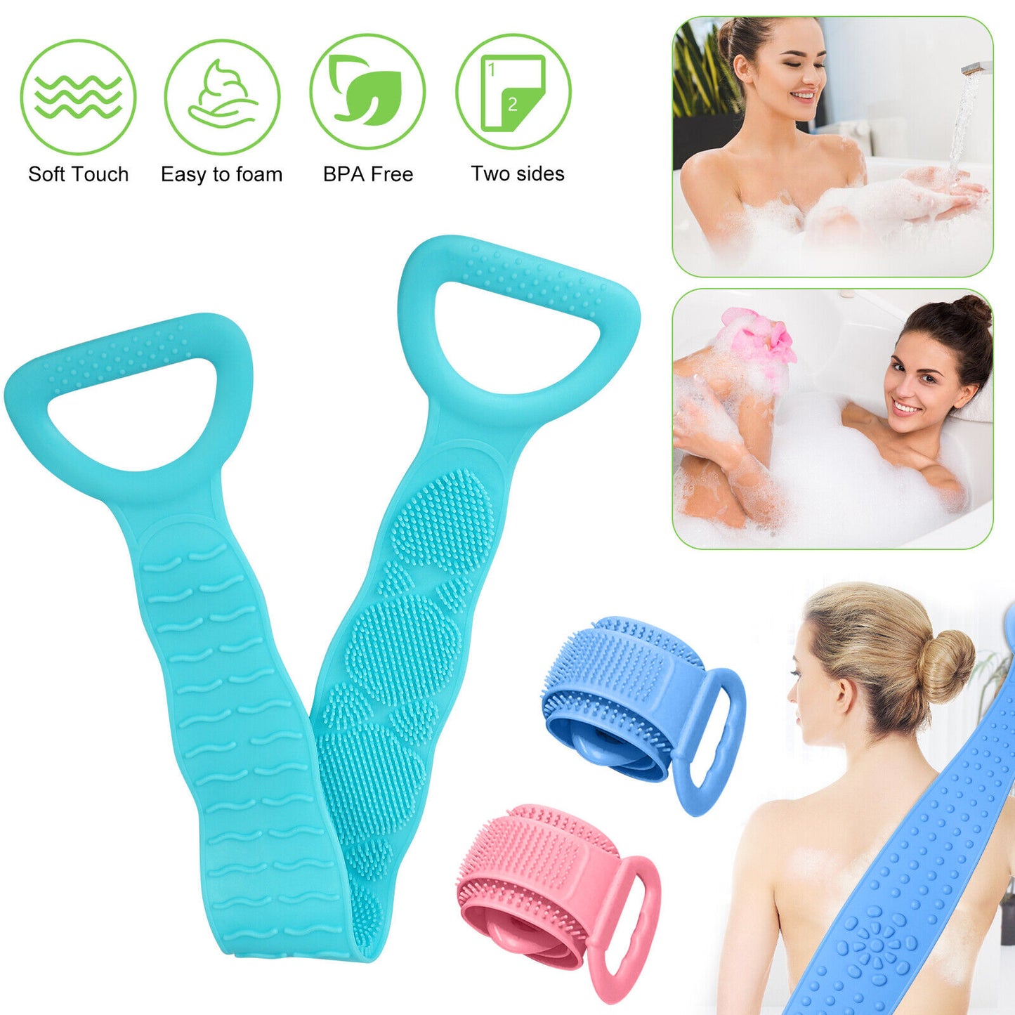 Silicone Bath Towel Rub Body Brush Shower Pull Back Strip Scrubber Exfoliating