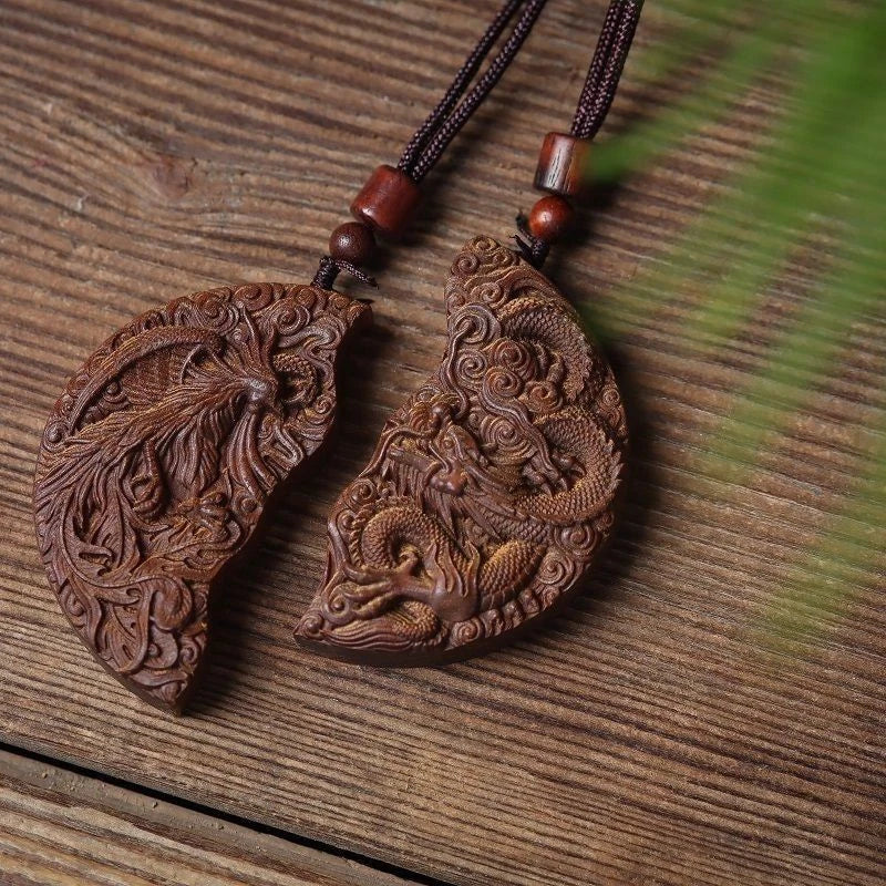 Agarwood Dragon Phoenix Couple Pendant Necklace Carved Charm Pair Unisex 07FC0E-D4 - KOEEK