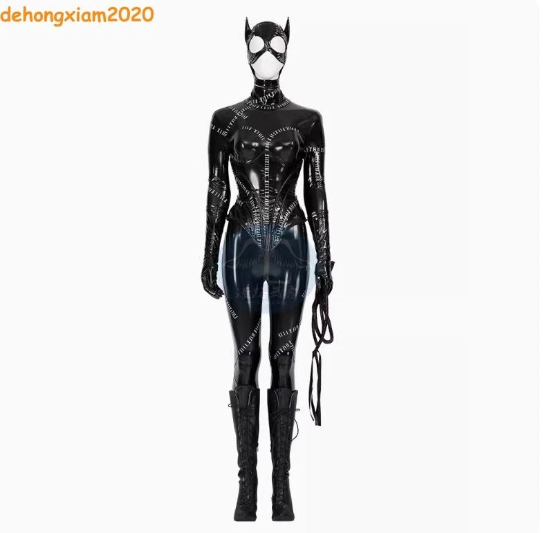 Women Fullbody Black Catwoman PU Costume Cloth Mask Whip Zipper Patch Halloween 07FC0E-D4 - KOEEK