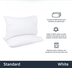 400 Thread Count Cotton Pillow Case, Standard, 30" L x 20" W, White - Set of 2