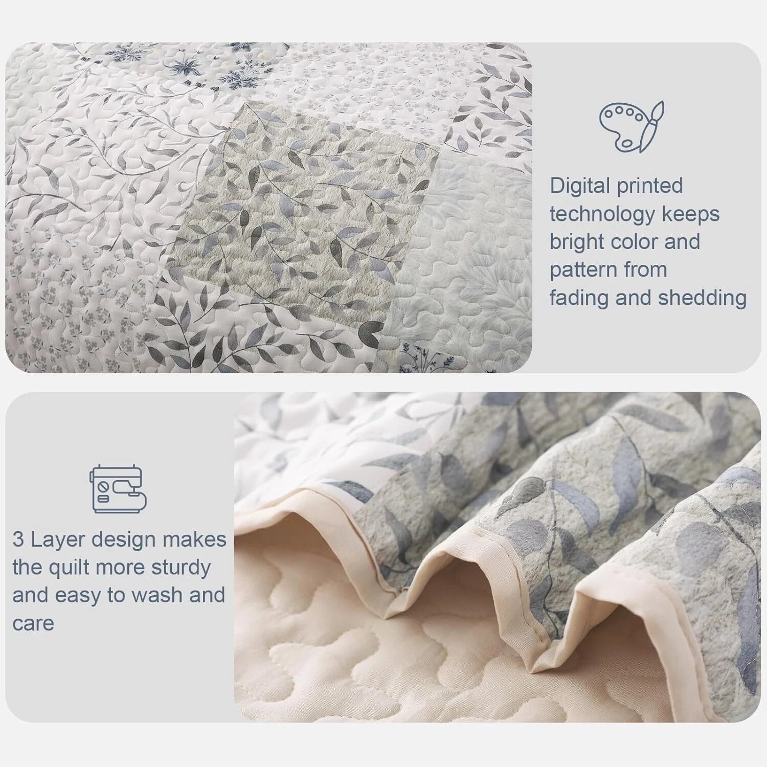 Reversible Quilt Set Queen Size, 3 Pieces Patchwork Gray All Season Bedspreads 07FC0E-D4 - KOEEK