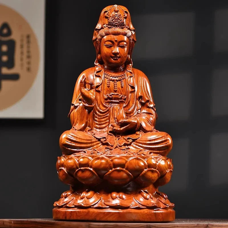 15cm Wood Handcarved Lotus Guanyin Buddha Statue Home Feng Shui Decoration 07FC0E-D4 - KOEEK