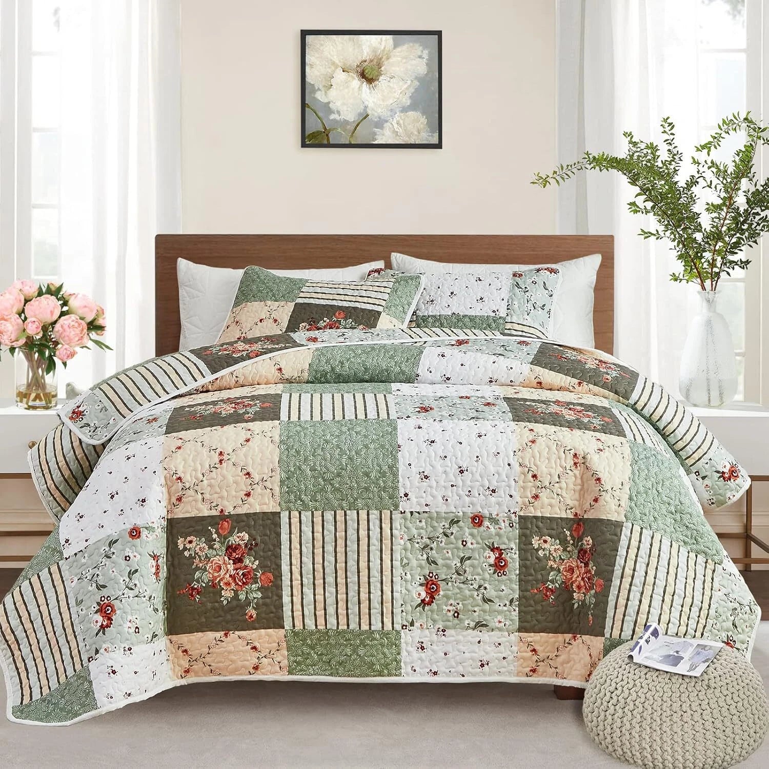 Patchwork Quilt Set Queen Size, 3 Pieces Green Floral Plaid Summer Coverlet Set 07FC0E-D4 - KOEEK