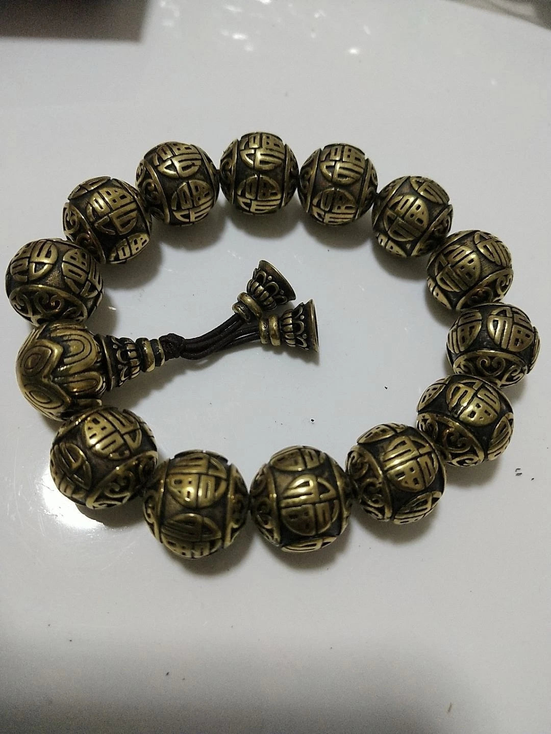 21mm Brass Vintage Fu Character Bracelet Men’s Hand Bead 07FC0E-D4 - KOEEK