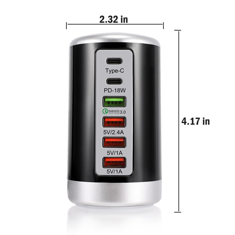 ny 6 Multi Port USB Type-C Hub Laderstasjon Tower Desktop Lader Strømadapter