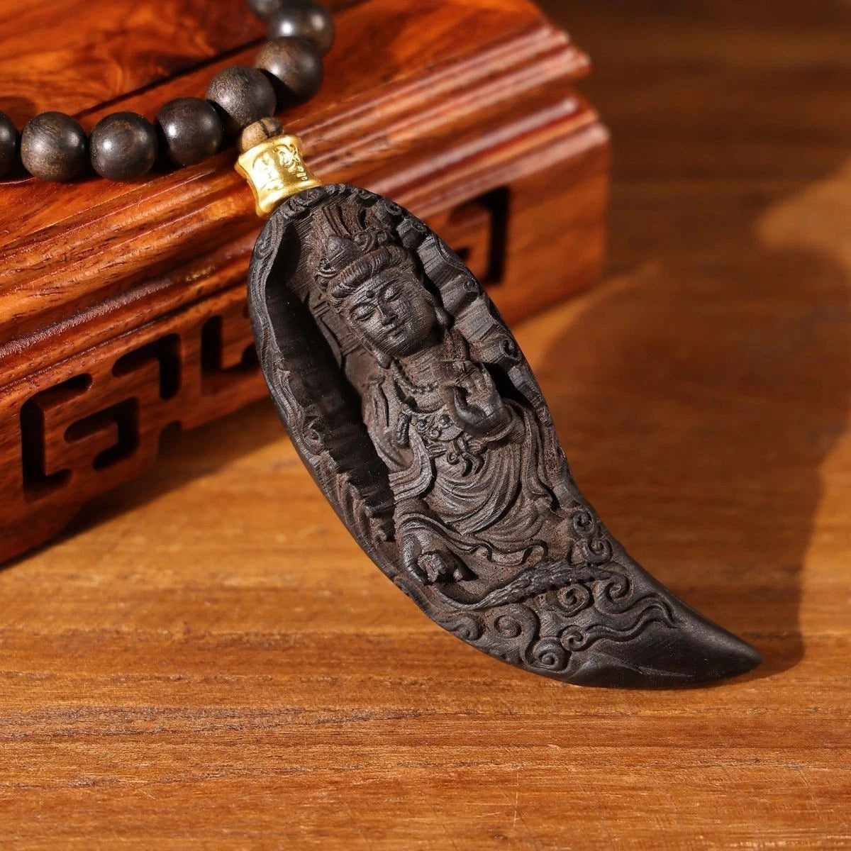 Vietnam Agarwood Crescent Guanyin 108 Beads Necklace Car Hanging Ornament 07FC0E-D4 - KOEEK