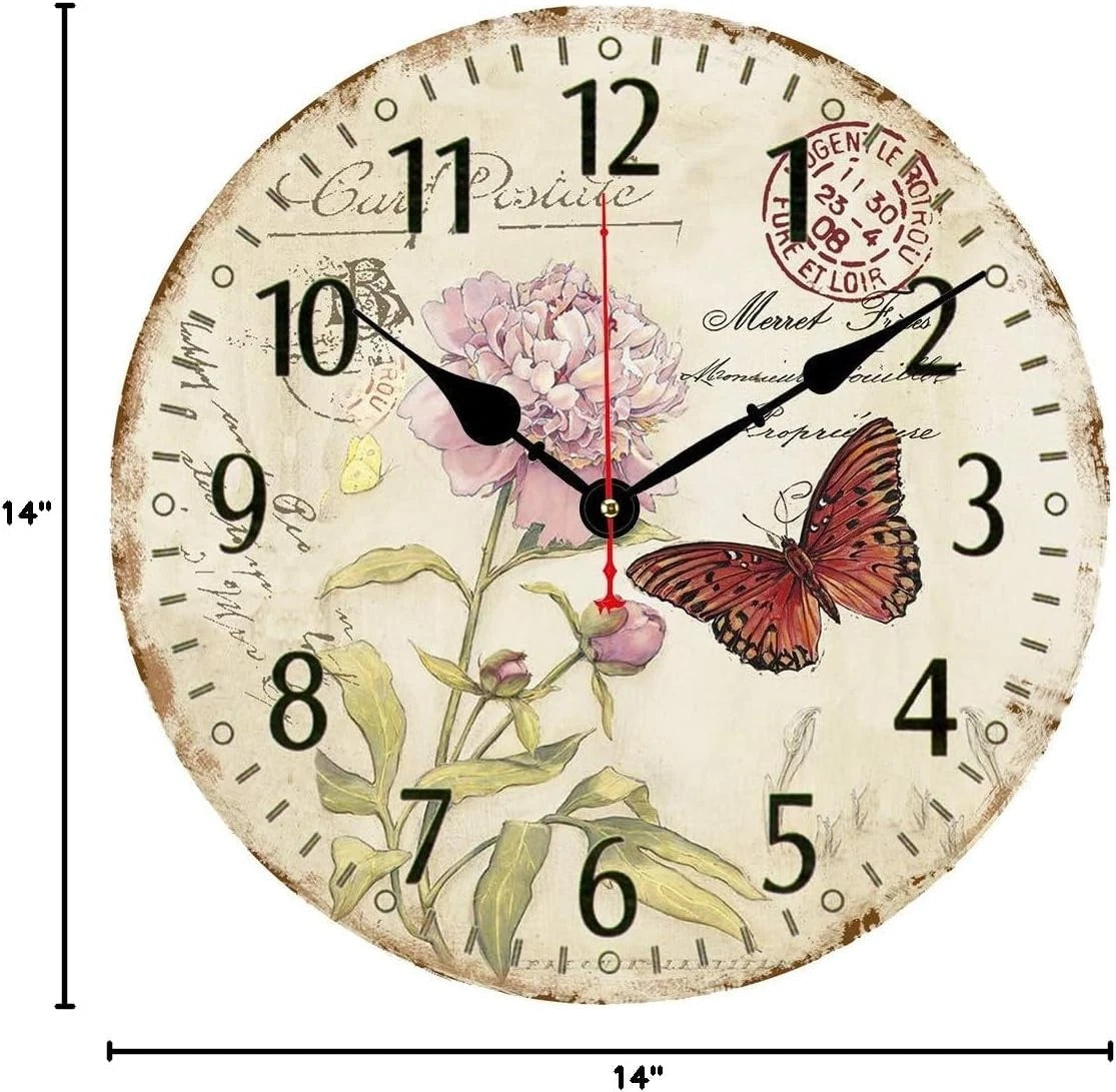 14''Silent Non-Ticking Wall Clock,Arabic Numerals Pattern Wooden Round Clock 07FC0E-D4 - KOEEK