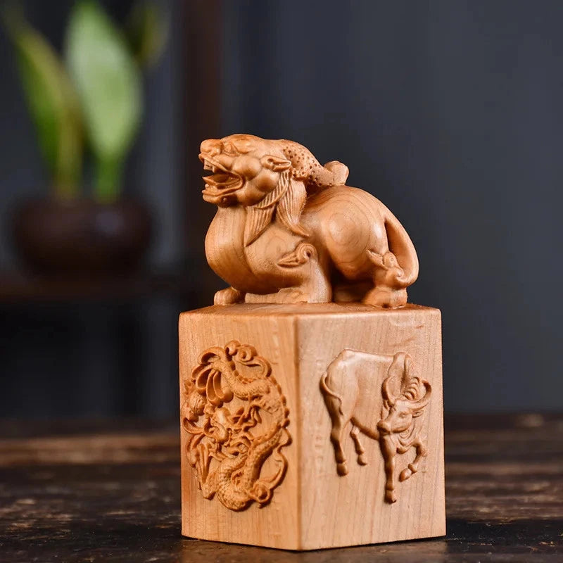 Cliff Cypress Wood Hand-carved Tea Pet Chinese Mascot Wealth Feng Shui Decor 07FC0E-D4 - KOEEK