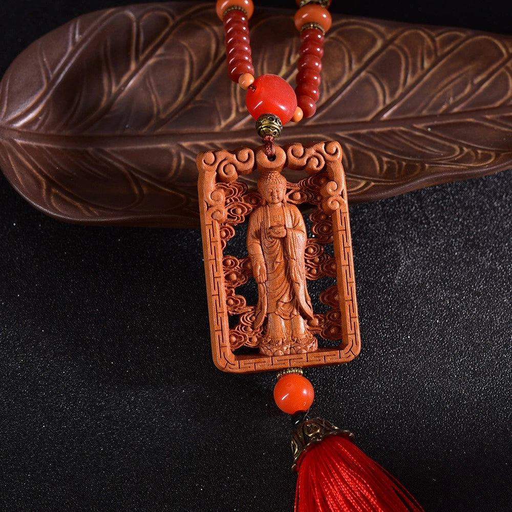Car Hanging Ornament Buddha Interior Accessory Double-Sided Carved Peach Wood 07FC0E-D4 - KOEEK