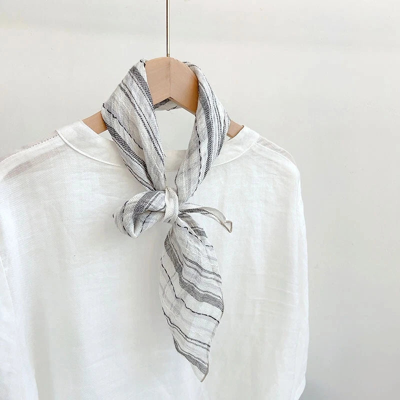 Womens  Flax Linen Brown Striped Bandana Neck Wrap Neckerchief Shawl Scarf 07FC0E-D4 - KOEEK