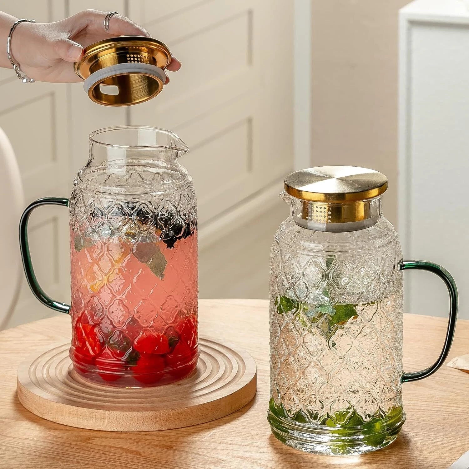 Glass Pitcher with Lid, 2 PACK 68 oz/2 Liter Vintage Water Pitcher, Clear 07FC0E-D4 - KOEEK