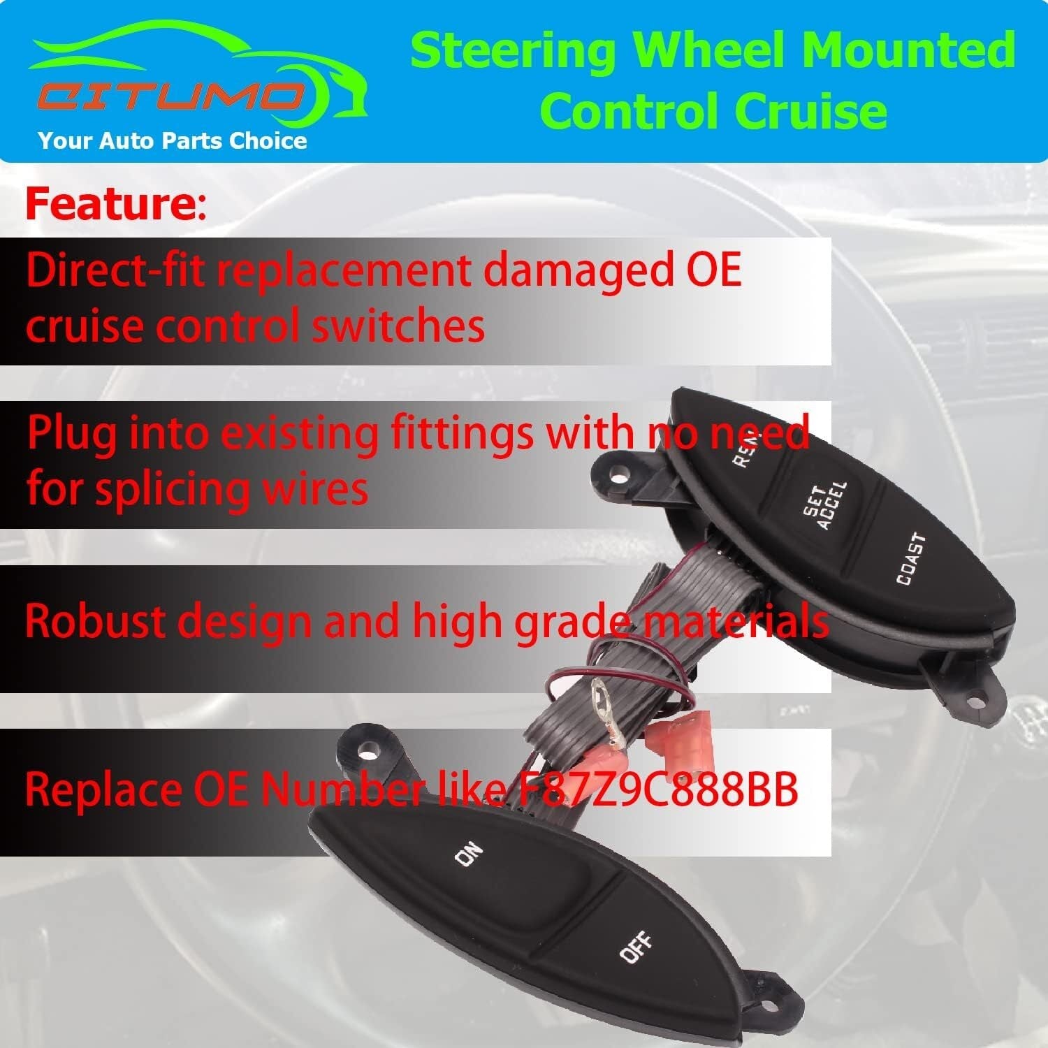 new F87Z9C888BB Steering Wheel Mounted Cruise Control Switch Replacement Black 07FC0E-D4 - KOEEK