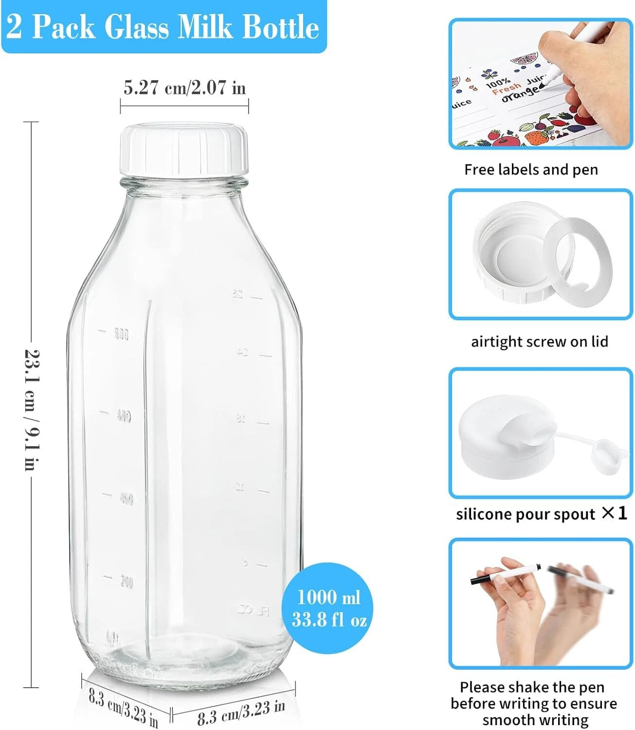 Milk Bottle with Dispenser Cap,  Airtight Heavy Duty Screw Lid. 2 Pack 32 Oz 07FC0E-D4 - KOEEK