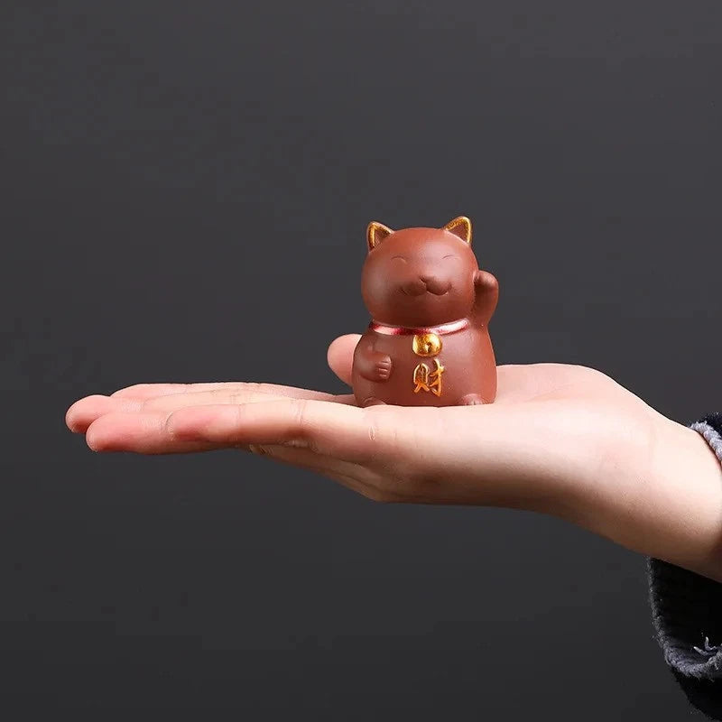 5.5cm Purple Clay Handcarved luck Cat Statue Tea Pet Absorbing Wealth Ornament 07FC0E-D4 - KOEEK