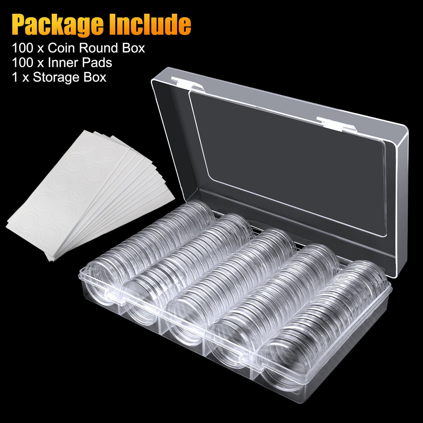 100pcs 30mm Coin Capsules Holder Clear Round Storage Box Container 5 Sizes Pads