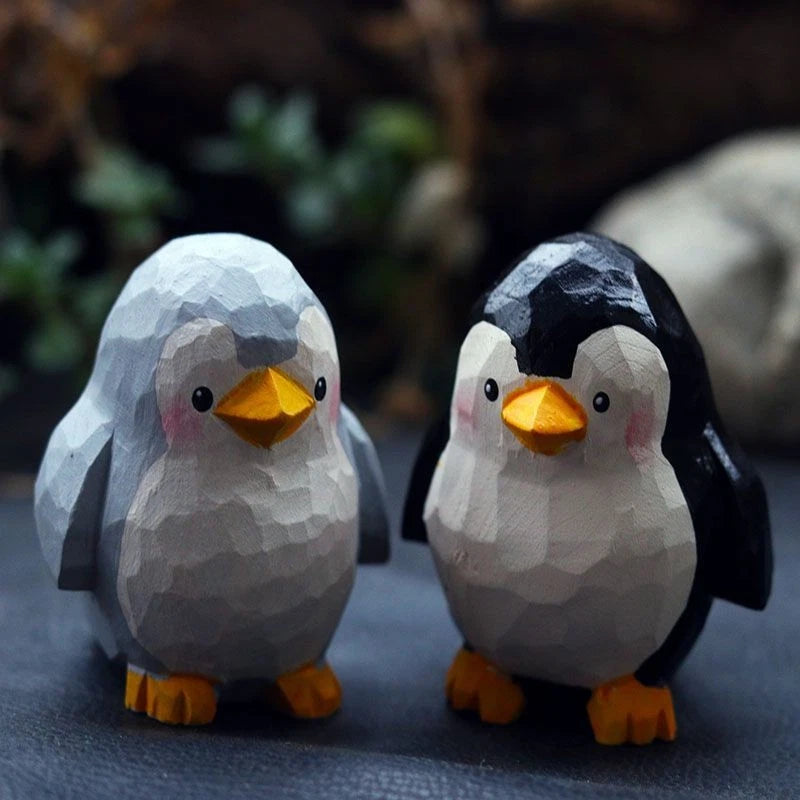 2Pc Hand Carved Wooden Penguin Figurines Mini Desktop Home Decor 07FC0E-D4 - KOEEK