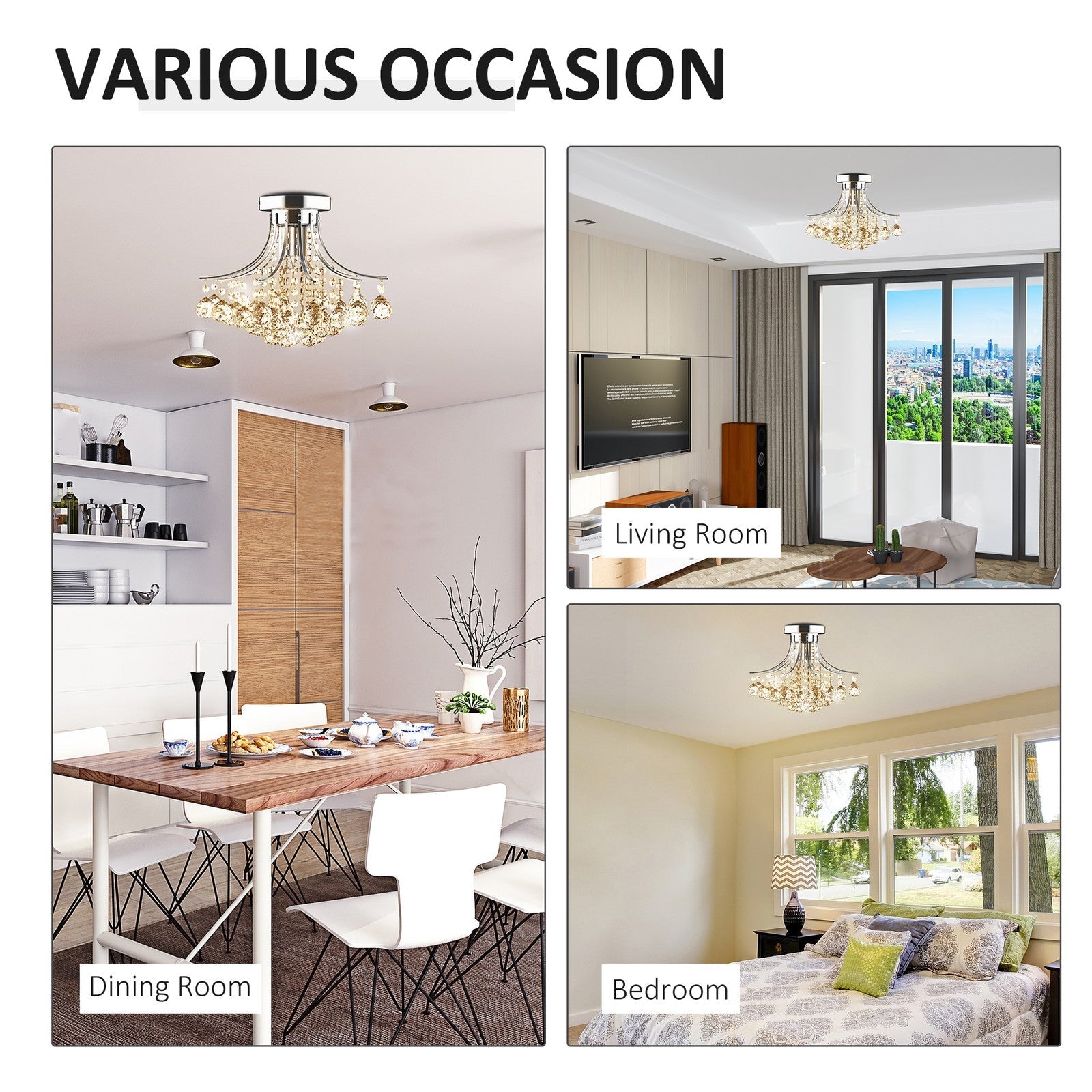 HOMCOM Modern K9 Crystal Chandelier Ceiling Lighting Pendant Lamp with 3 Light HOMCOM - KOEEK