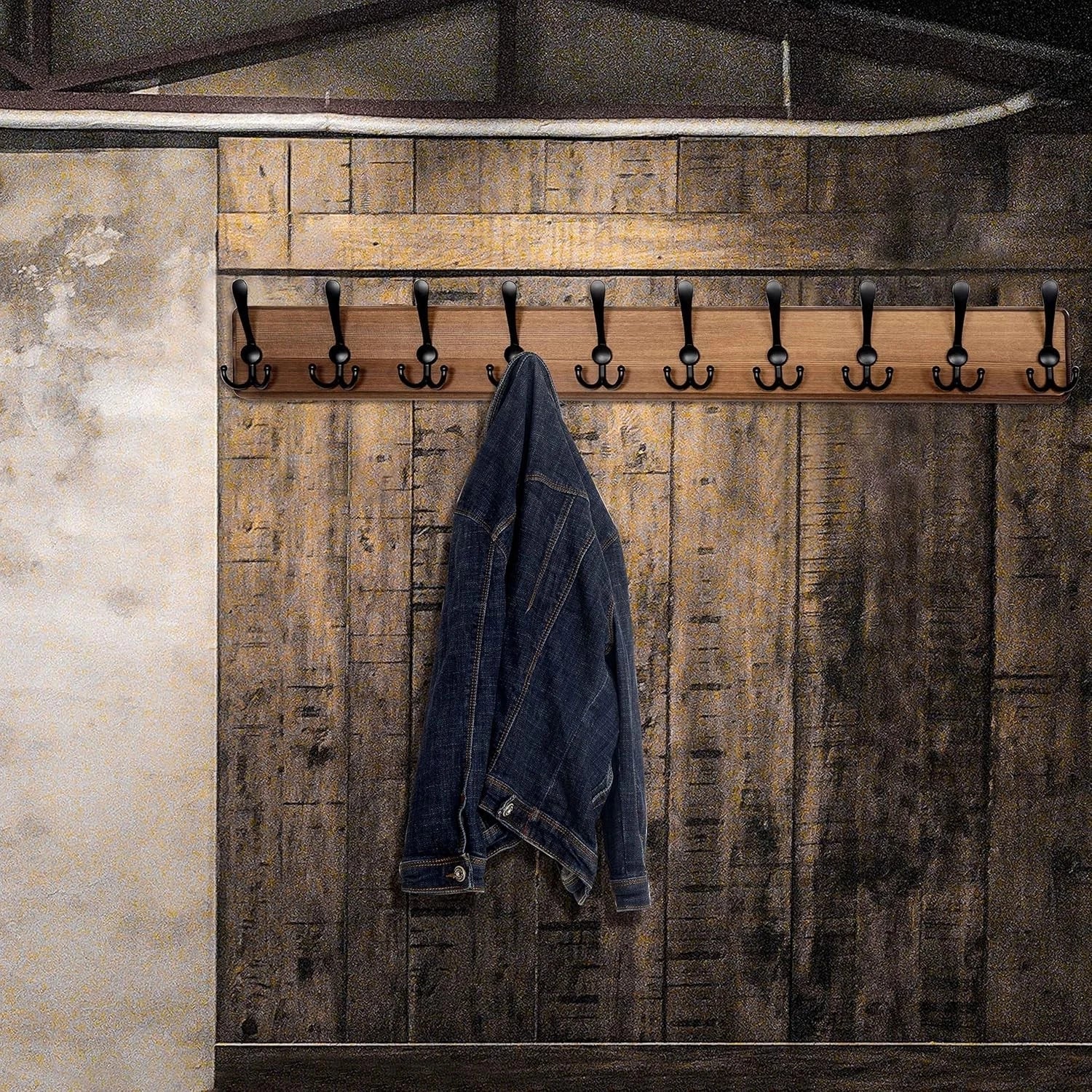 Wall-mounted coat rack, 38 9/16 inches long, 10 triple hooks, brown finish 07FC0E-D4 - KOEEK