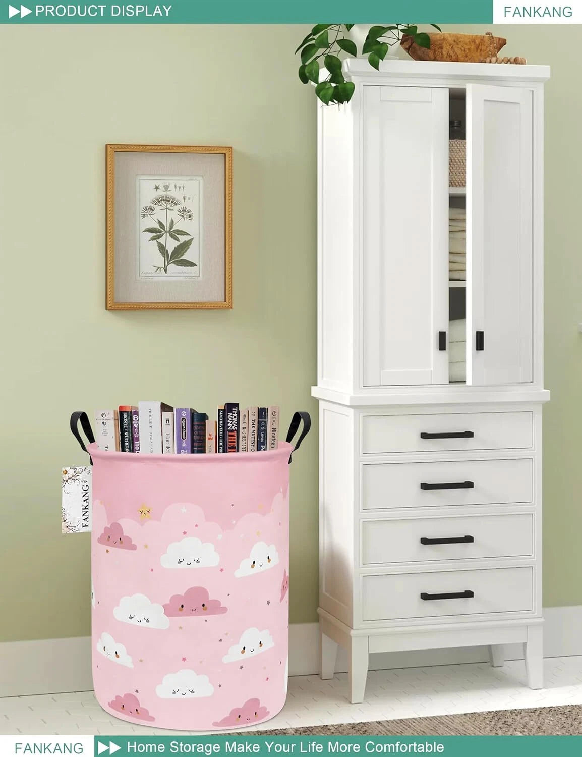 Storage Basket, Nursery Hamper Canvas Laundry Basket Foldable with Waterproof PE 07FC0E-D4 - KOEEK