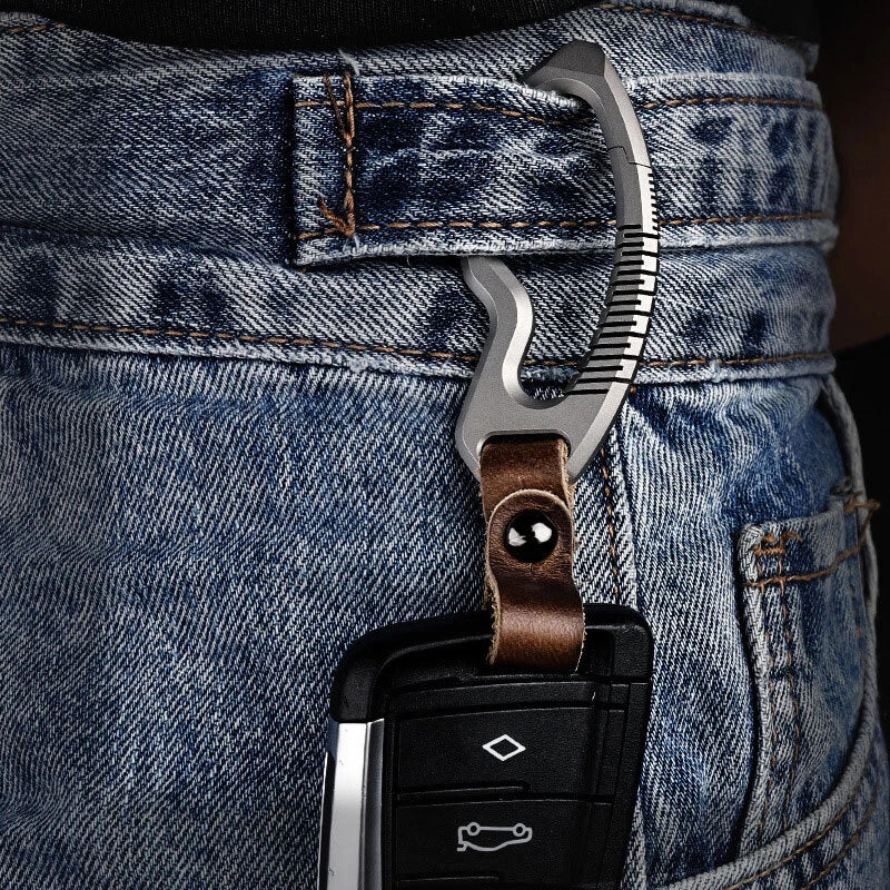 Titanium Alloy + Leather Keychain Carabiner Removable Pendant EDC Crowbar Tool EDC - KOEEK