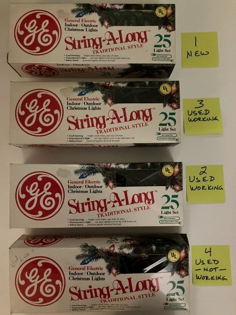 10 SETS GE STRING A LONG CLASSIC LIGHTS (25 LIGHT SET, COLORS) see description GE - KOEEK