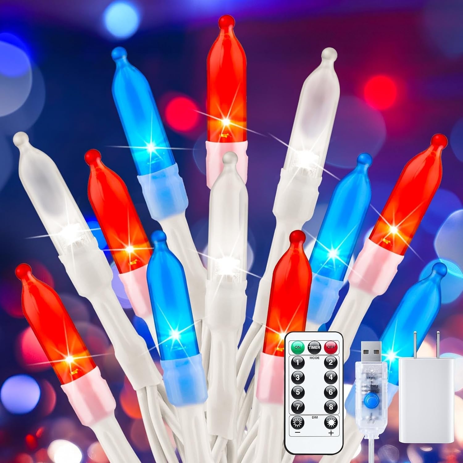 new Red White Blue String Lights Plug in - 100 Count, - Wire 07FC0E-D4 - KOEEK