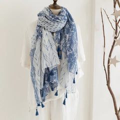 White Blue Geometric Floral Yarn Scarf Tassel Shawl Spring Pashmina Cape 07FC0E-D4 - KOEEK