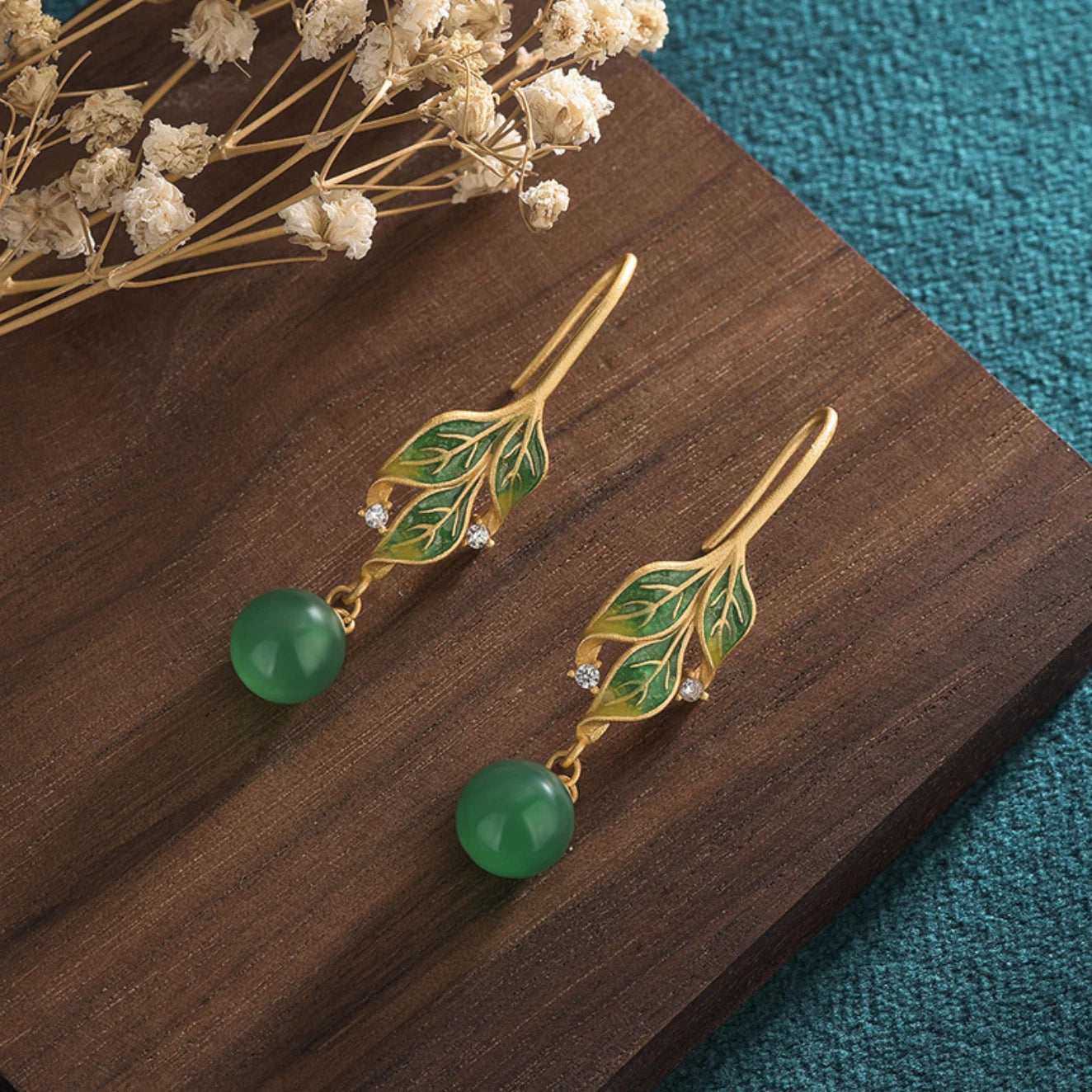 Green Jade Drop Dangle Earrings Boho Gemstone Leaf Design Hook 18K Gold Plated 07FC0E-D4 - KOEEK