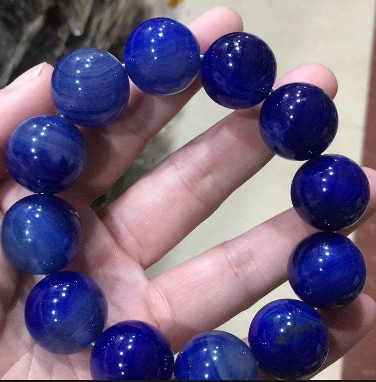 Blue Amber Bead Bracelet 20mm Round Unisex Jewelry Hand String Vintage Gift 07FC0E-D4 - KOEEK