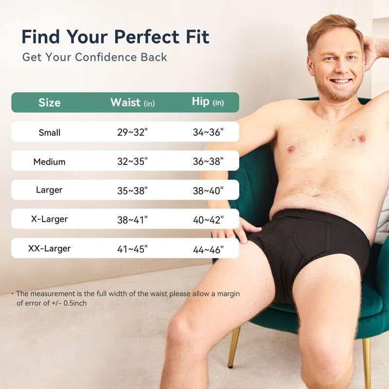 new Incontinence Underwear for Men 2 Pack Washable Urinary Briefs with L, Black