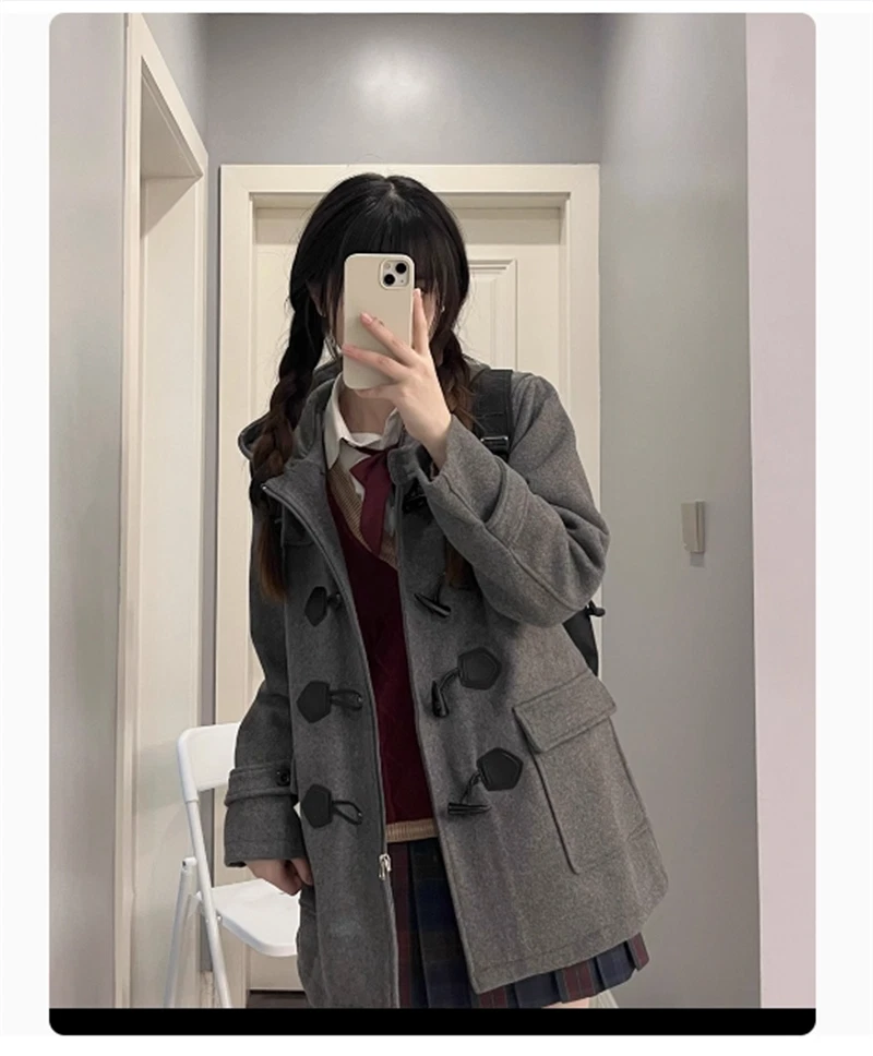 Japanese College Girls Wool Blend JK Coats Uniform Hooded Winter Warm Overcoat 07FC0E-D4 - KOEEK