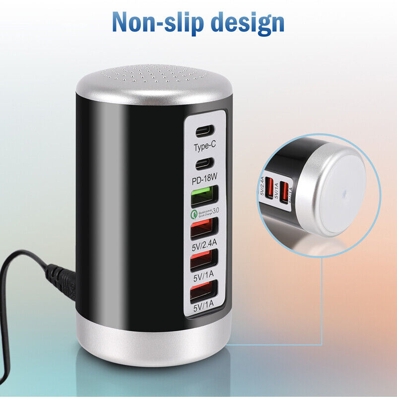 ny 6 Multi Port USB Type-C Hub Laderstasjon Tower Desktop Lader Strømadapter