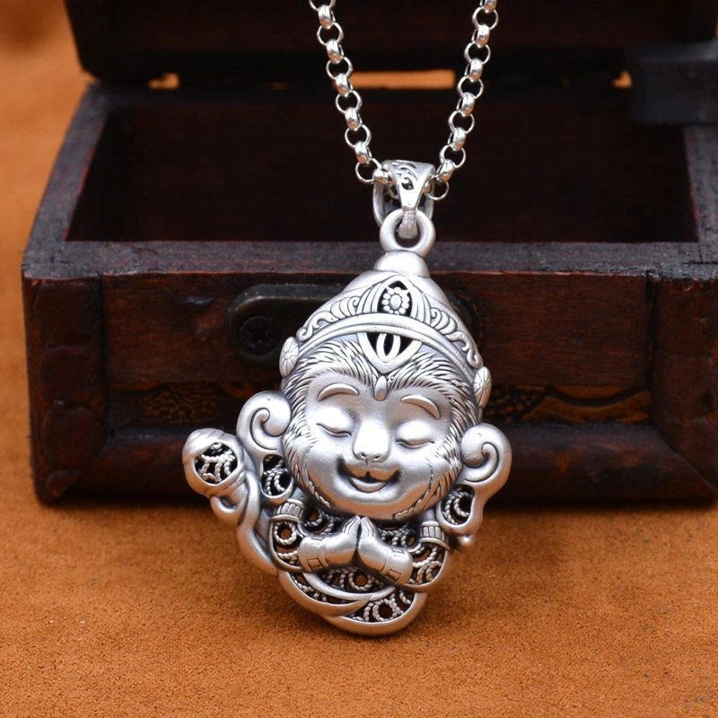 Wukong Qi Tian Da Sheng Sweater Chain Long Pendant Silver Plated Necklace 07FC0E-D4 - KOEEK
