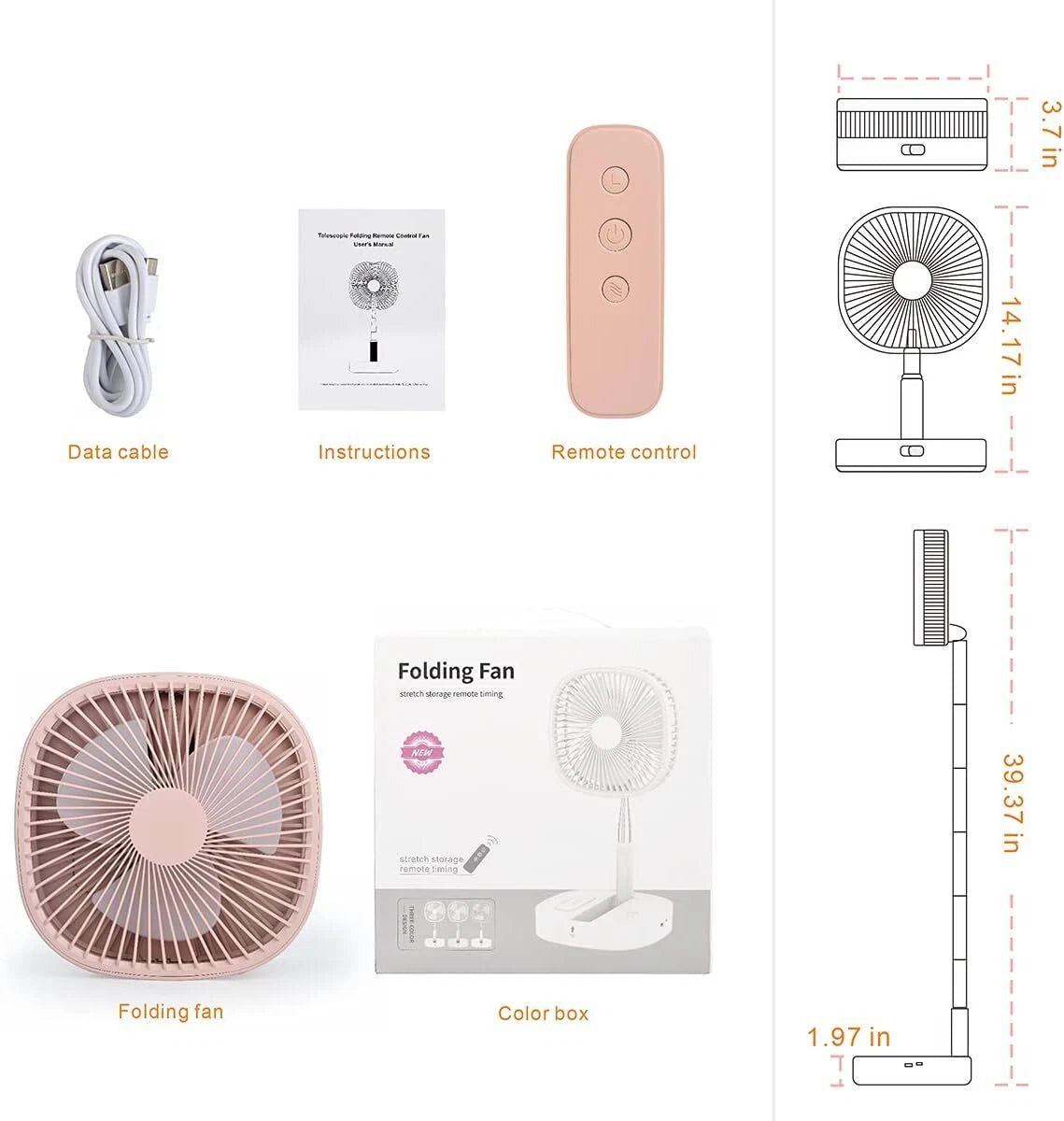 Foldable Desk Fan,Rechargeable Battery,Remote Control Retractable 4 Speed Silent 07FC0E-D4 - KOEEK