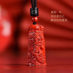 Natural Cinnabar Handmade Dragon Phoenix Wenchang Pagoda Pendant Amulet Necklace 07FC0E-D4 - KOEEK