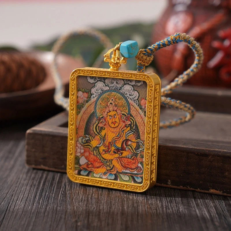 Tibetan Thangka Pendant Necklace Yellow Jambhala Amulet Ethnic Buddhist Jewelry 07FC0E-D4 - KOEEK